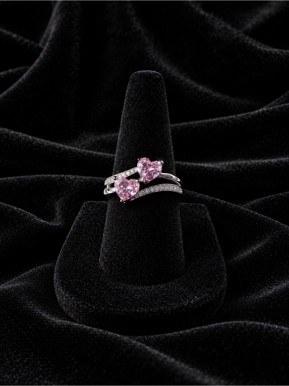 Silver Double Connected Pink Heart Ring with Clear Crystal Accents